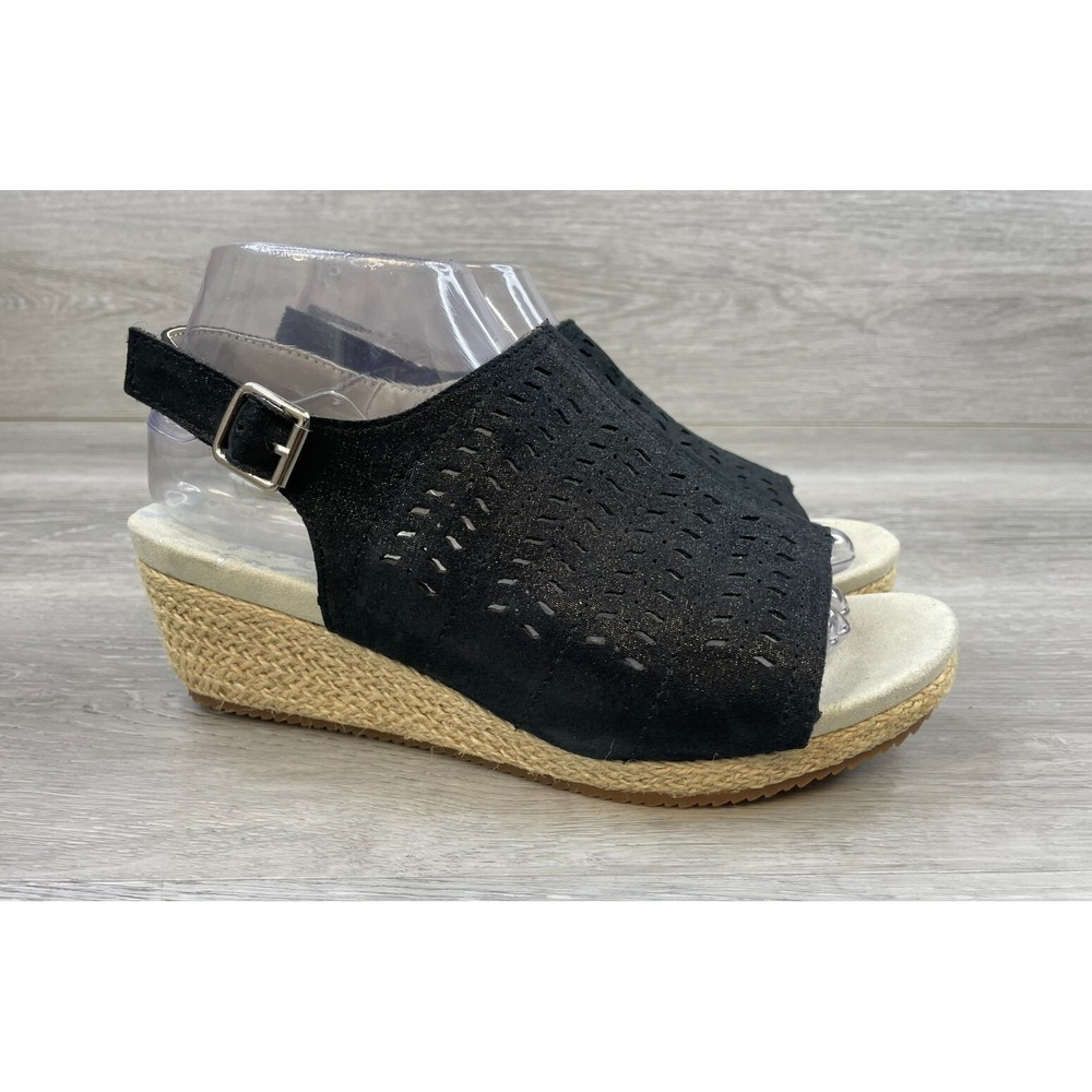 Propet Black Suede Espadrille Wedge Sandals